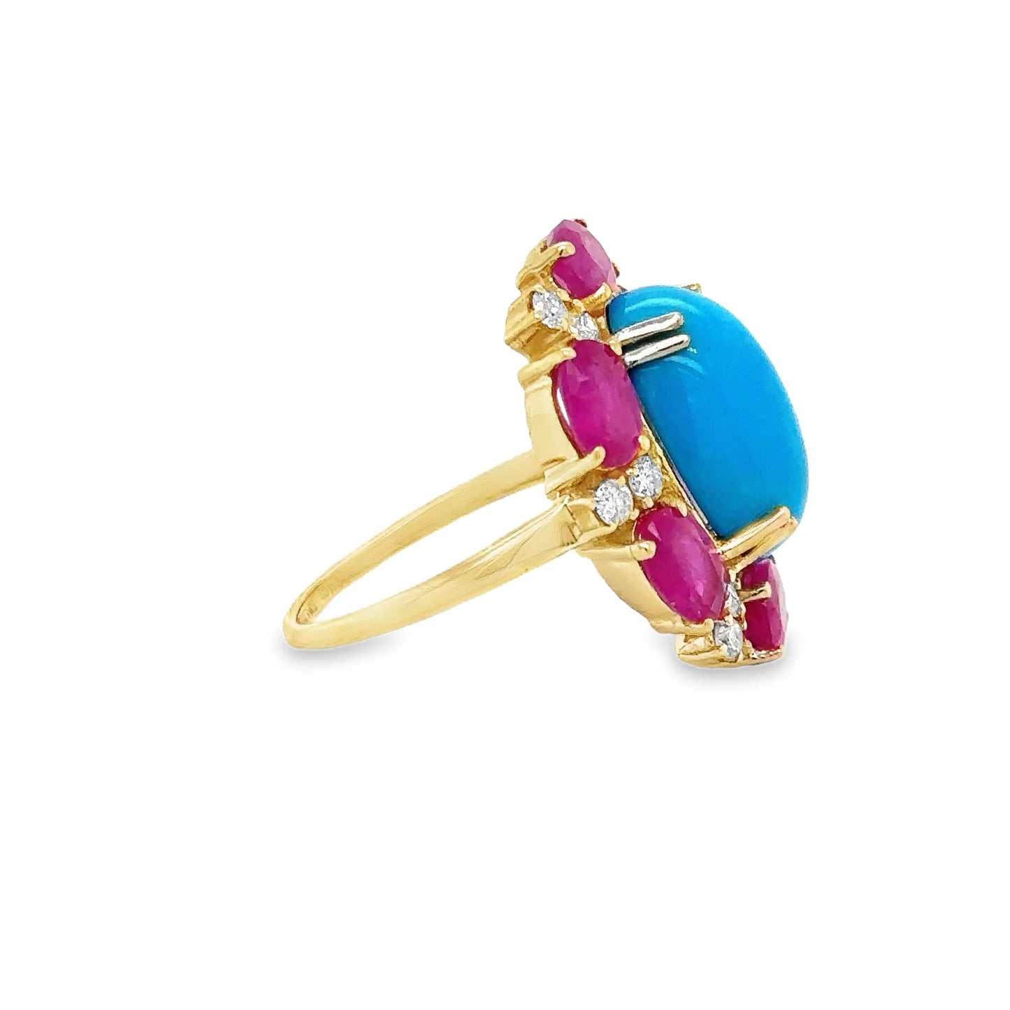 14KT YELLOW GOLD RUBY, TURQUOISE AND DIAMOND RING