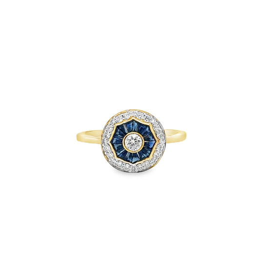 14KT YELLOW GOLD SAPPHIRE AND DIAMONDS RING
