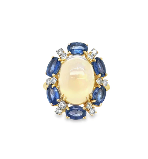 14KT YELLOW GOLD SAPPHIRE, OPAL AND DIAMOND RING