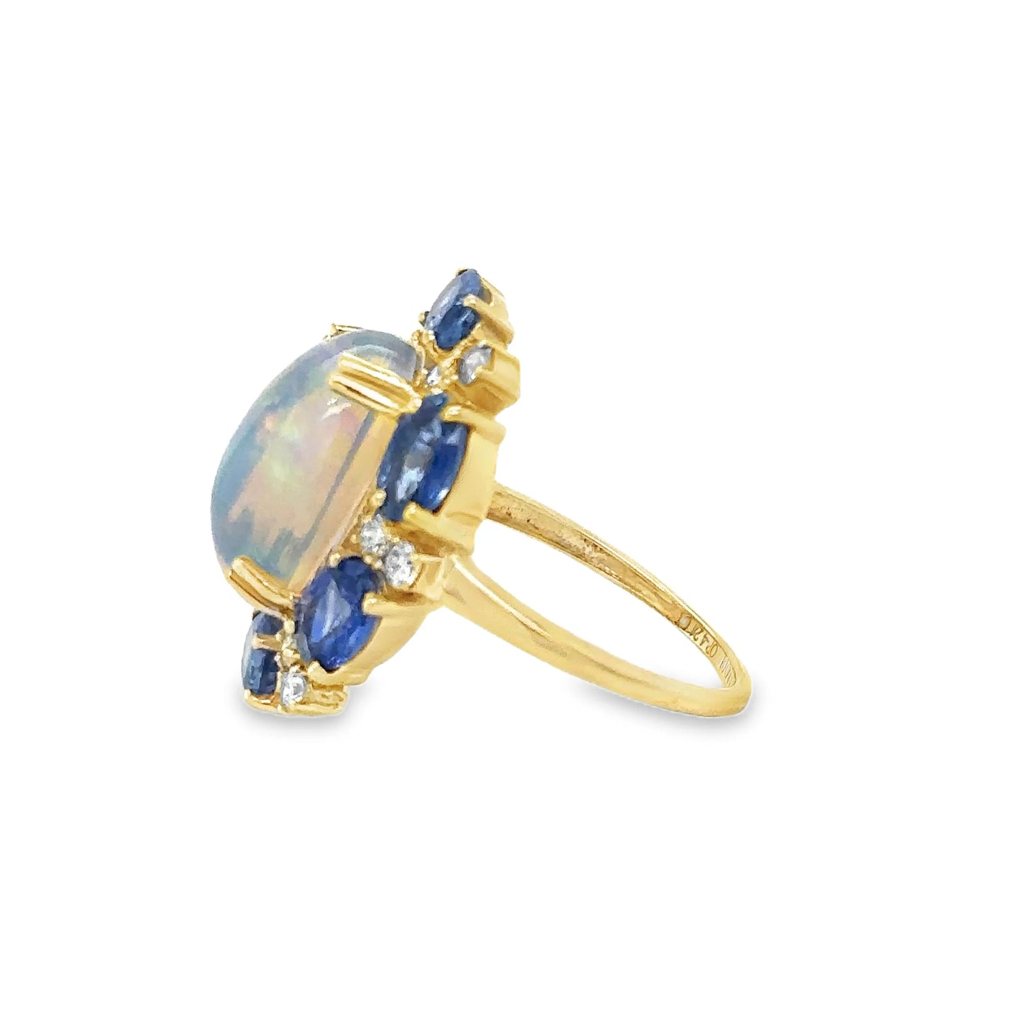 14KT YELLOW GOLD SAPPHIRE, OPAL AND DIAMOND RING