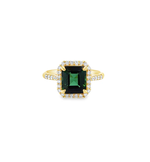 14KT YELLOW GOLD SQUARE GREEN TOURMALINE AND DIAMONDS RING