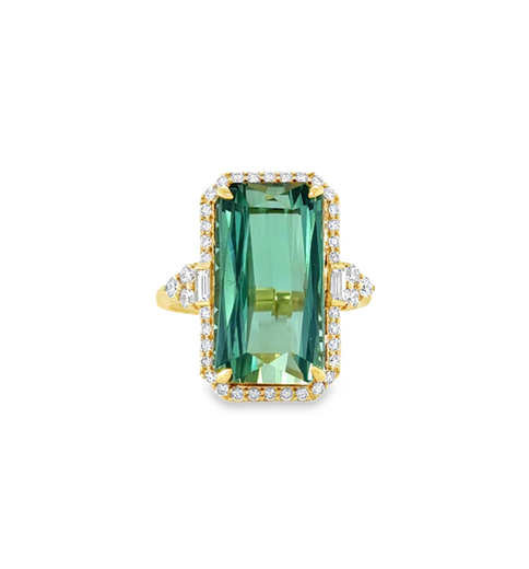 14KT YELLOW GOLD SQUARE RECTANGLE TOURMALINE AND DIAMONDS RING
