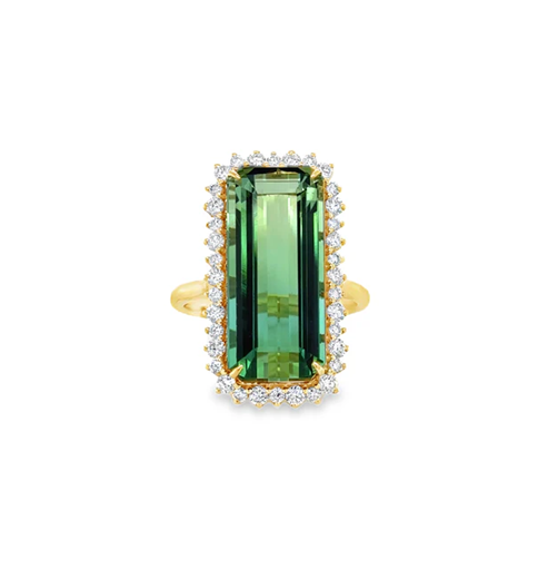 14KT YELLOW GOLD SQUARE RECTANGLE TOURMALINE AND DIAMONDS RING