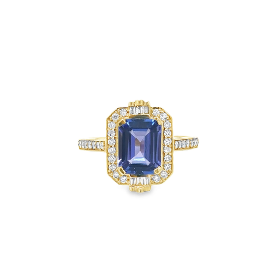 14KT YELLOW GOLD TANZANITE EMERALD CUT RING WITH DIAMONDS