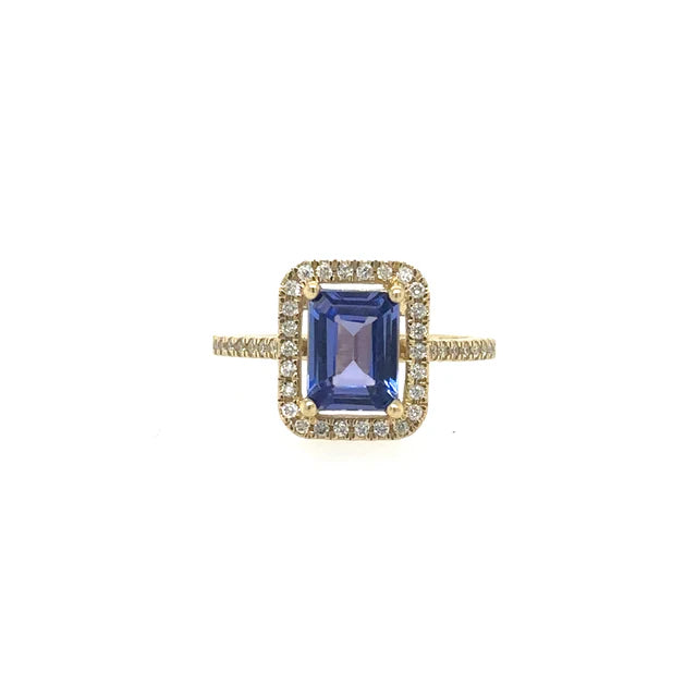 14KT YELLOW GOLD TANZANITE EMERALD CUT RING WITH DIAMONDS