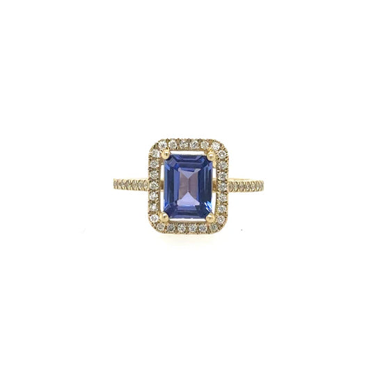 14KT YELLOW GOLD TANZANITE EMERALD CUT RING WITH DIAMONDS