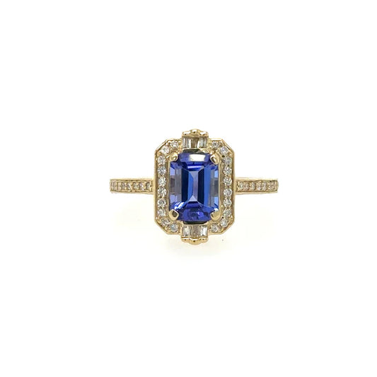 14KT YELLOW GOLD TANZANITE EMERALD CUT RING WITH DIAMONDS