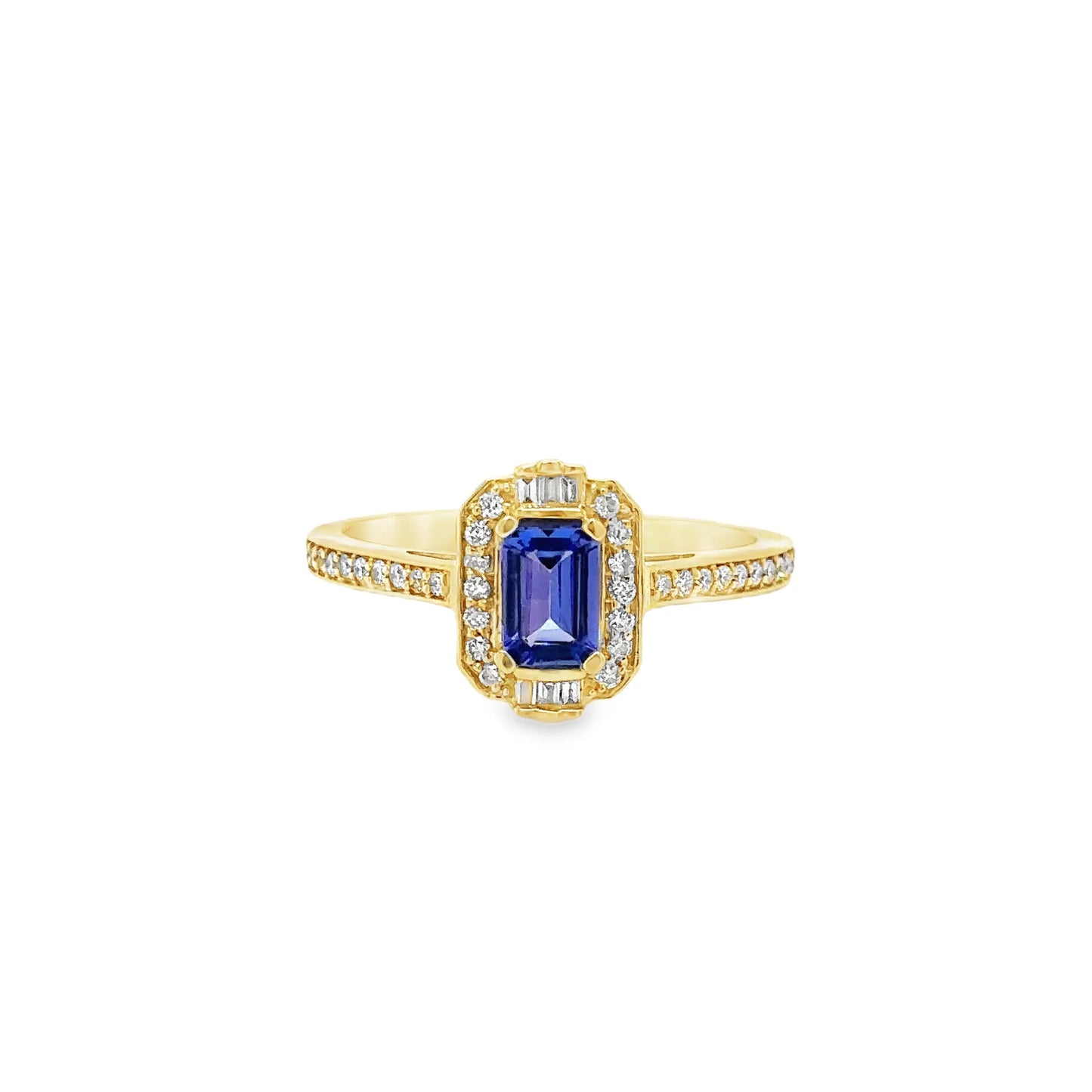 14KT YELLOW GOLD TANZANITE EMERALD CUT WITH DIAMONDS RING