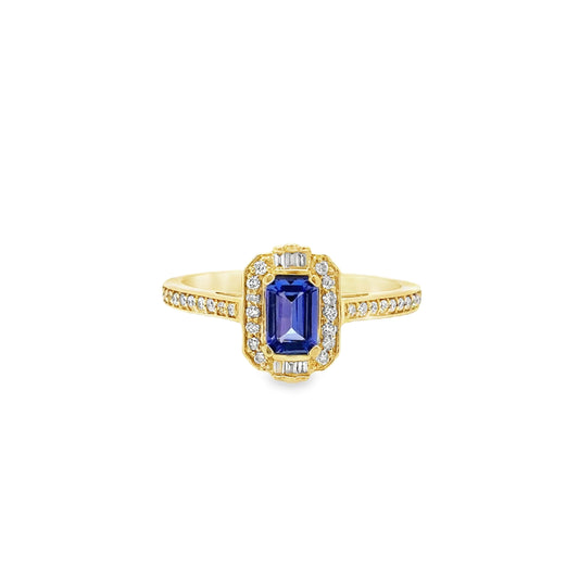 14KT YELLOW GOLD TANZANITE EMERALD CUT WITH DIAMONDS RING