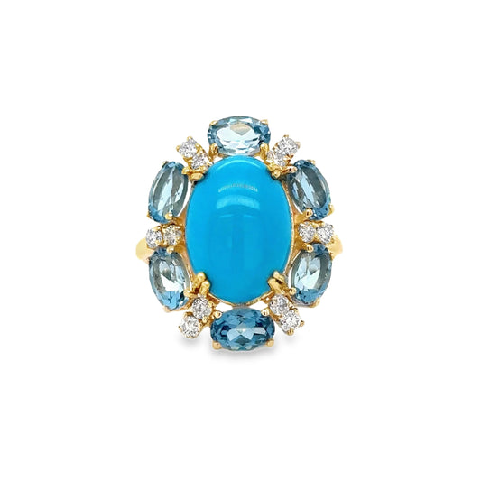 14KT YELLOW GOLD TOPAZ, TURQUOISE AND DIAMOND RING