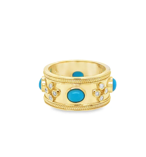 14KT YELLOW GOLD TURQUOISE AND DIAMONDS RING
