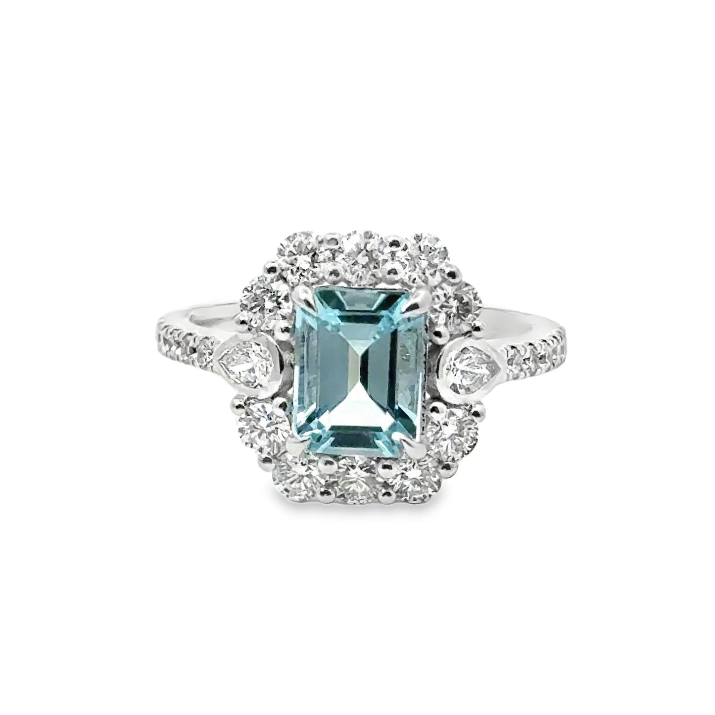 14KT GOLD AQUAMARINE AND DIAMOND RING