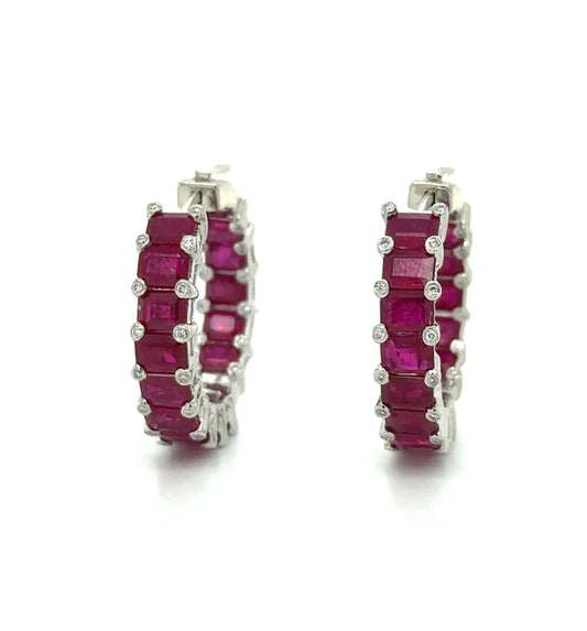 14K WHITE GOLD RUBY AND DIAMOND HOOP EARRING