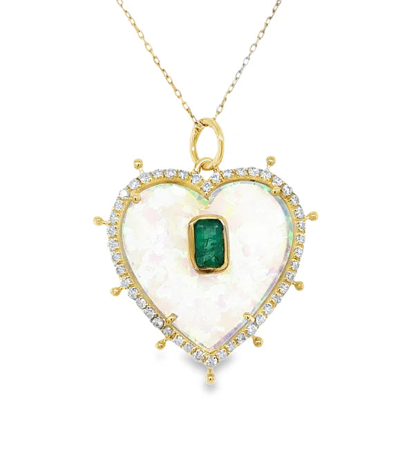 14KT YELLOW GOLD OPAL HEART PENDANT WITH EMERALD AND DIAMONDS