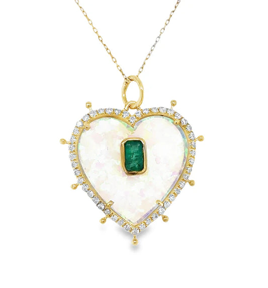 14KT YELLOW GOLD OPAL HEART PENDANT WITH EMERALD AND DIAMONDS