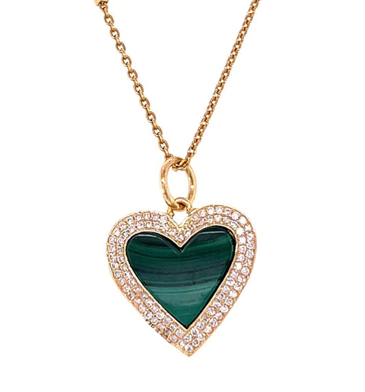 14KT YELLOW GOLD MALACHITE HEART PENDANT WITH DIAMONDS