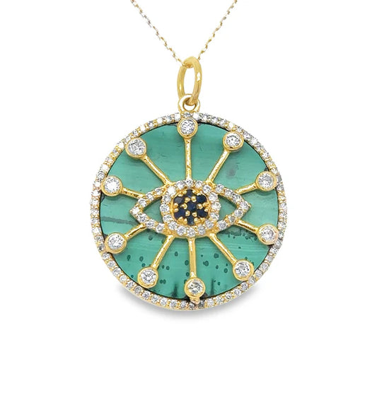 14KT YELLOW GOLD MALACHITE EVIL EYE PENDANT WITH DIAMONDS