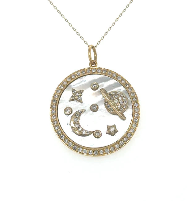 14KT YELLOW GOLD MOTHER OF PEARL PLANET PENDANT WITH DIAMONDS