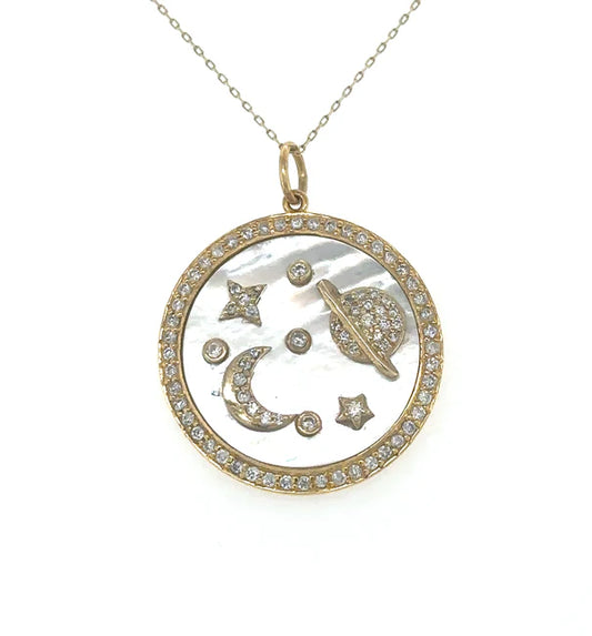 14KT YELLOW GOLD MOTHER OF PEARL PLANET PENDANT WITH DIAMONDS
