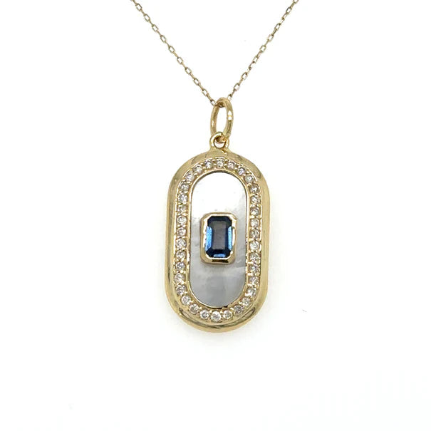 14KT YELLOW GOLD MOTHER OF PEARL PENDANT WITH SAPPHIRE AND DIAMONDS