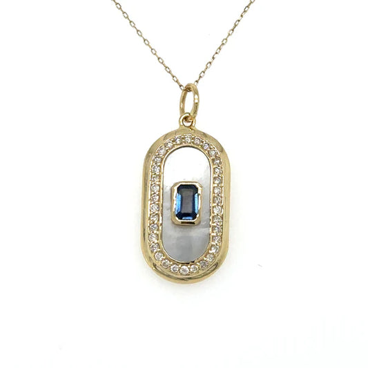 14KT YELLOW GOLD MOTHER OF PEARL PENDANT WITH SAPPHIRE AND DIAMONDS
