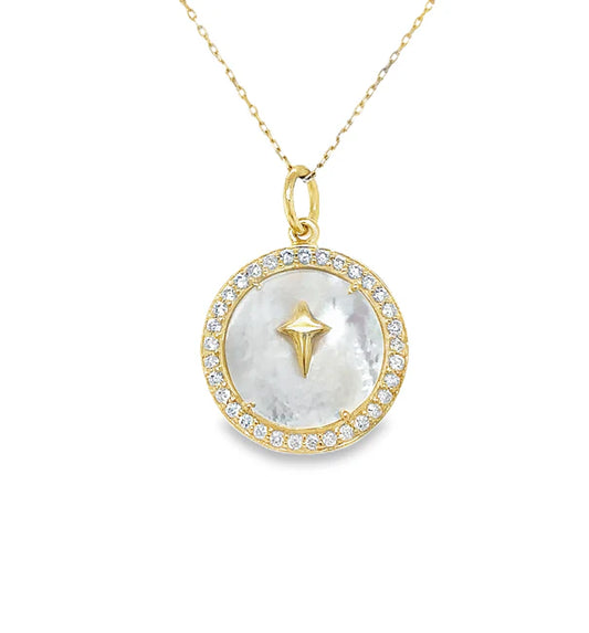 14KT YELLOW GOLD MOTHER OF PEARL PENDANT WITH DIAMONDS