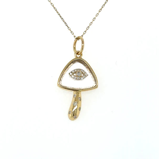 14KT YELLOW GOLD CLEAR QUARTZ MUSHROOM PENDANT WITH DIAMONDS