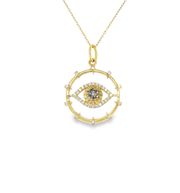 14KT YELLOW GOLD CLEAR QUARTZ AND SAPPHIRE EVIL EYE PENDANT WITH DIAMONDS