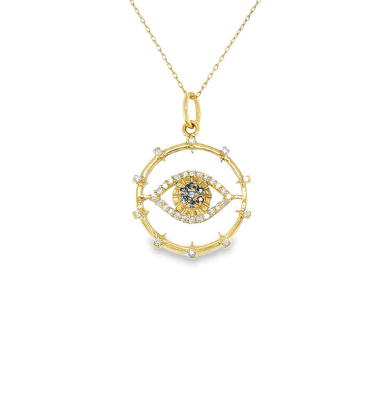 14KT YELLOW GOLD CLEAR QUARTZ AND SAPPHIRE EVIL EYE PENDANT WITH DIAMONDS