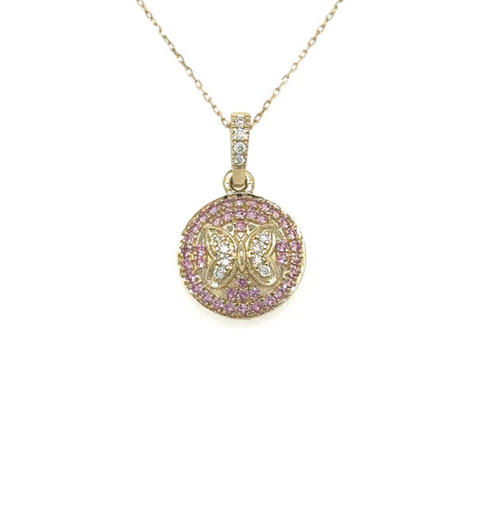 14KT YELLOW GOLD PINK SAPPHIRE AND DIAMOND BUTTERFLY PENDANT