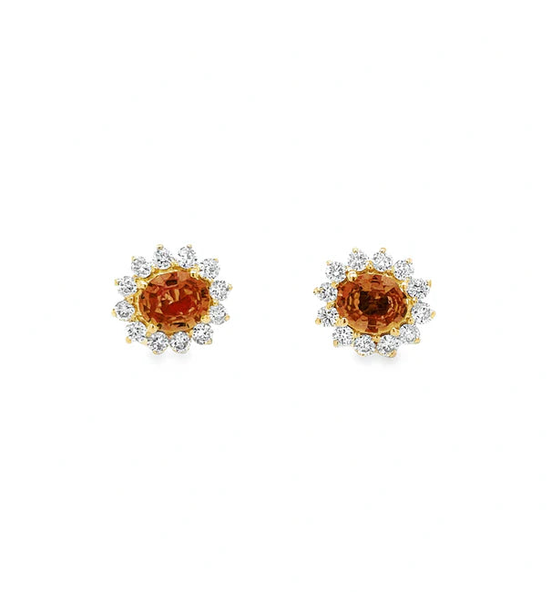 14KT YELLOW GOLD ORANGE SAPPHIRE AND DIAMOND EARRINGS
