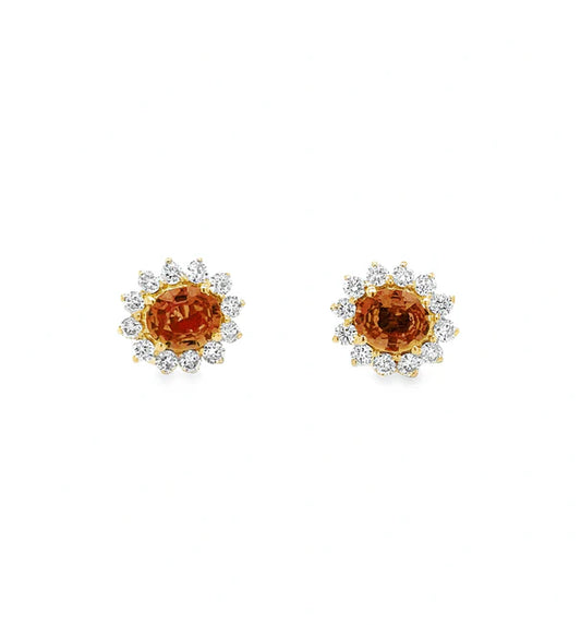 14KT YELLOW GOLD ORANGE SAPPHIRE AND DIAMOND EARRINGS
