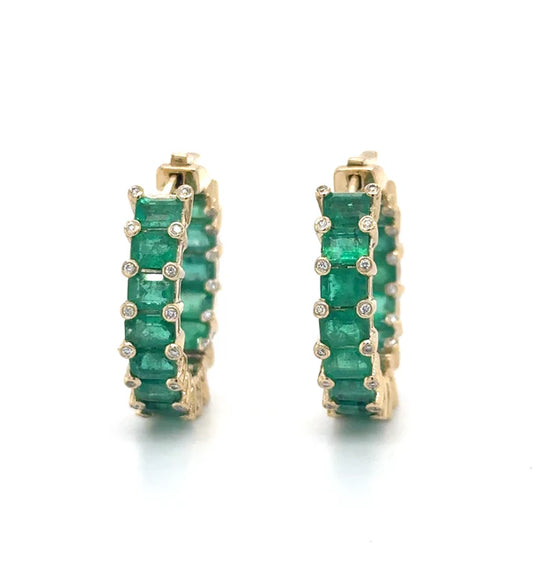 14KT YELLOW GOLD EMERALD AND DIAMOND HOOP EARRING