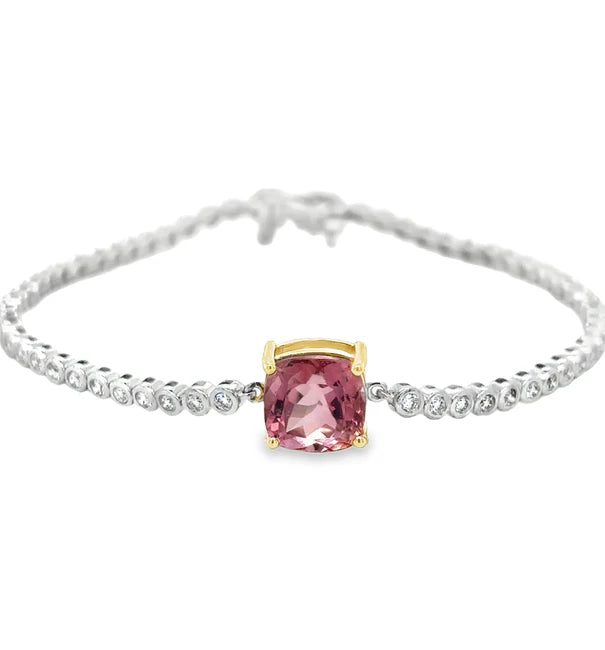 14KT WHITE GOLD TOURMALINE AND DIAMONDS BEZEL TENNIS BRACELET