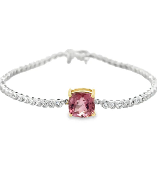 14KT WHITE GOLD TOURMALINE AND DIAMONDS BEZEL TENNIS BRACELET