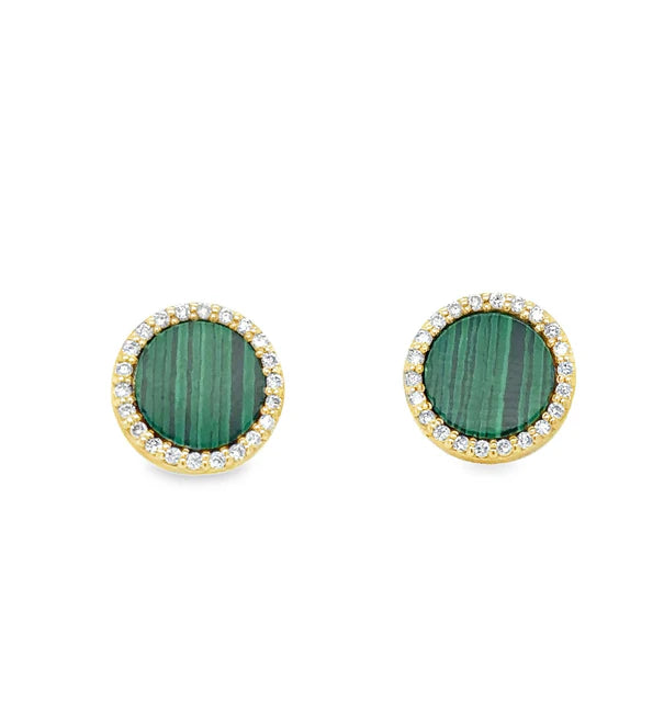 14KT YELLOW GOLD MALACHITE WITH DIAMONDS ROUND EARRING