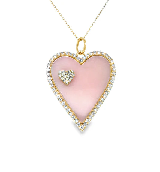 14KT YELLOW GOLD PINK OPAL HEART PENDANT WITH DIAMONDS