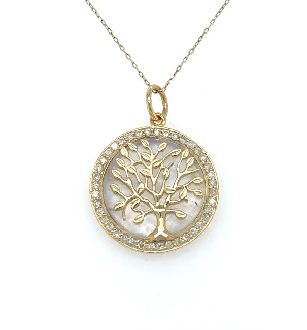 14KT YELLOW GOLD RAINBOW MOON STONE TREE OF LIFE PENDANT WITH DIAMONDS