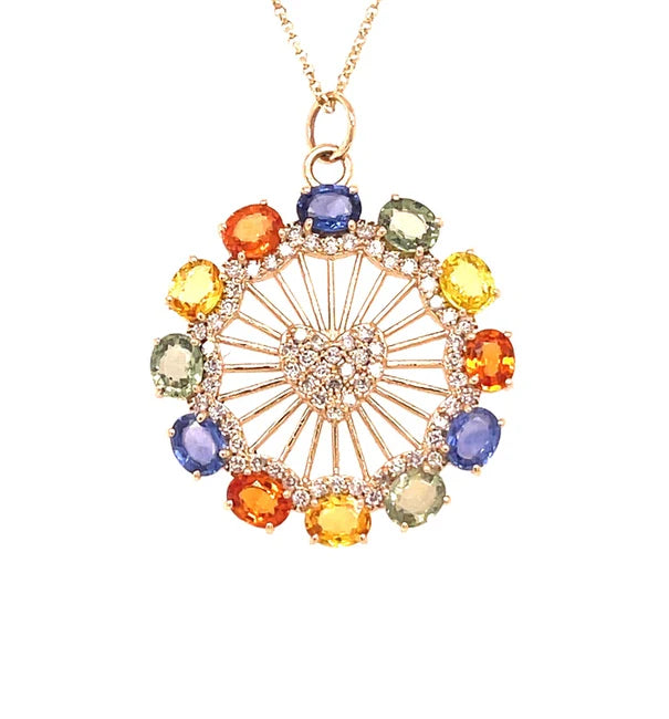 14KT GOLD DIAMONDS/ MULTI SAPPHIRE HEART ROUND PENDANT