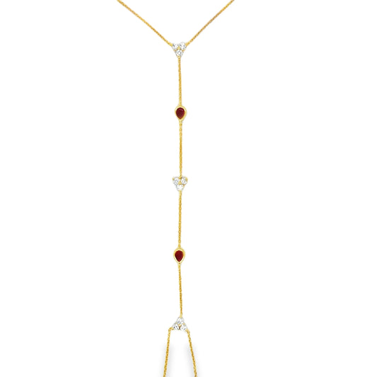 14KT YELLOW GOLD DIAMONDS AND RUBY HAND CHAIN