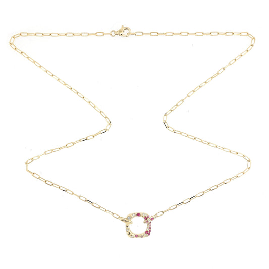 18KT YELLOW GOLD PINK SAPPHIRE RUBY AND DIAMOND NECKLACE