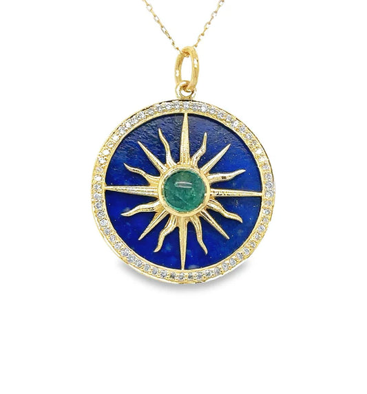 14KT YELLOW GOLD LAPIS PENDANT WITH EMERALD AND DIAMONDS