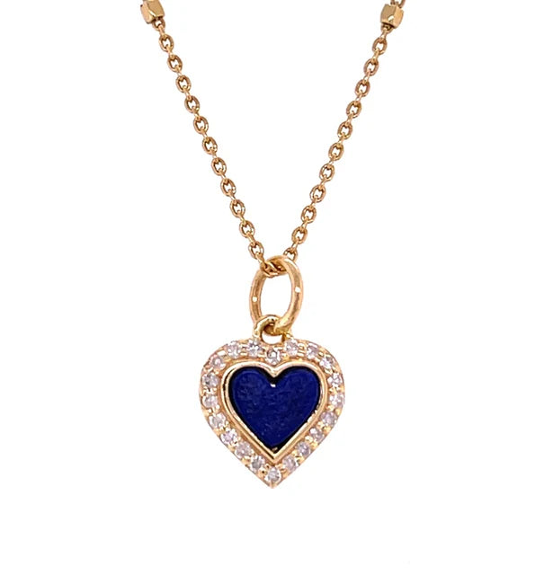 14KT YELLOW GOLD LAPIS HEART PENDANT WITH DIAMONDS