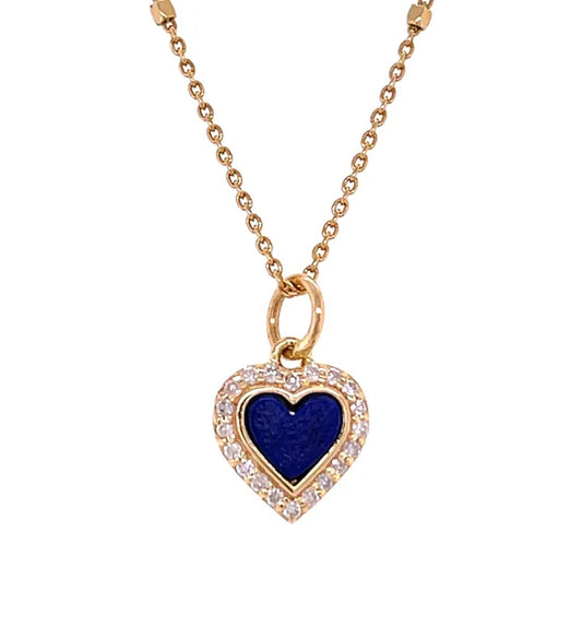 14KT YELLOW GOLD LAPIS HEART PENDANT WITH DIAMONDS