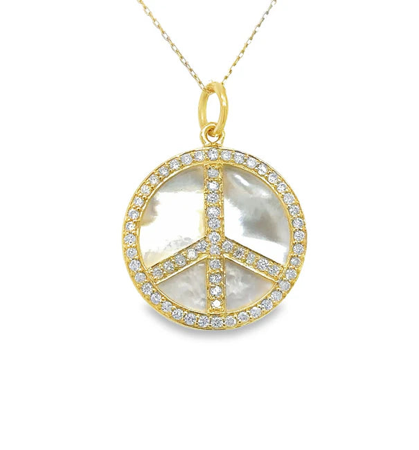 14KT YELLOW GOLD MOTHER OF PEARL PEACE SIGN PENDANT WITH DIAMONDS