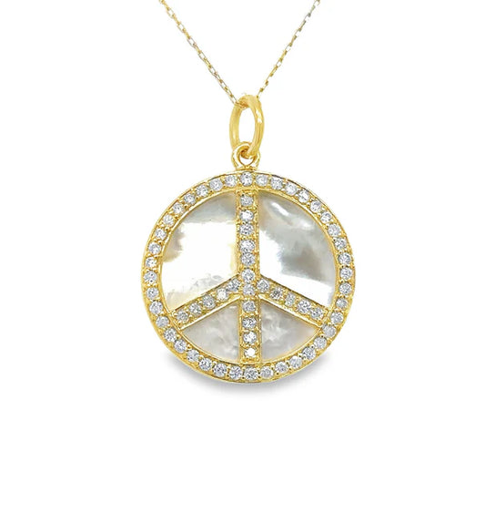14KT YELLOW GOLD MOTHER OF PEARL PEACE SIGN PENDANT WITH DIAMONDS