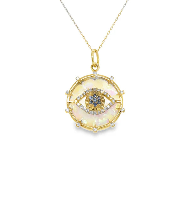 14KT YELLOW GOLD OPAL AND SAPPHIRE EVIL EYE PENDANT WITH DIAMONDS