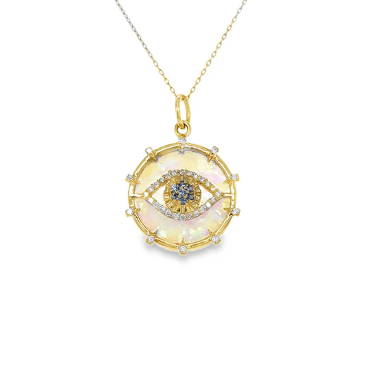 14KT YELLOW GOLD OPAL AND SAPPHIRE EVIL EYE PENDANT WITH DIAMONDS