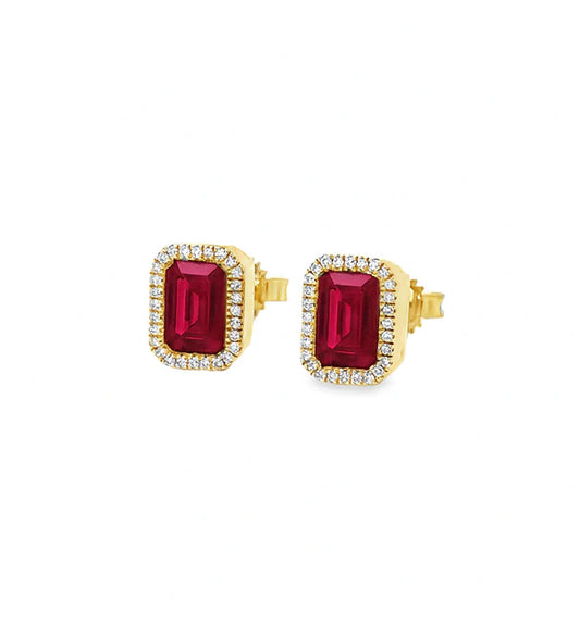14K GOLD EMERALD CUT RUBY AND DIAMOND STUD EARRING