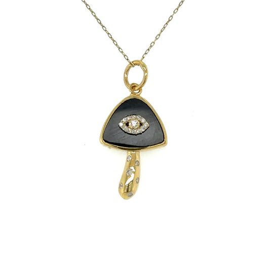 14KT YELLOW GOLD BLACK ONYX MUSHROOM PENDANT WITH DIAMONDS